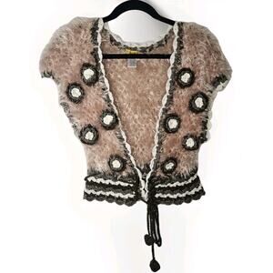 LULUMARI Fluffy Crochet Vest with Floral Pattern Size Medium Boho Festival